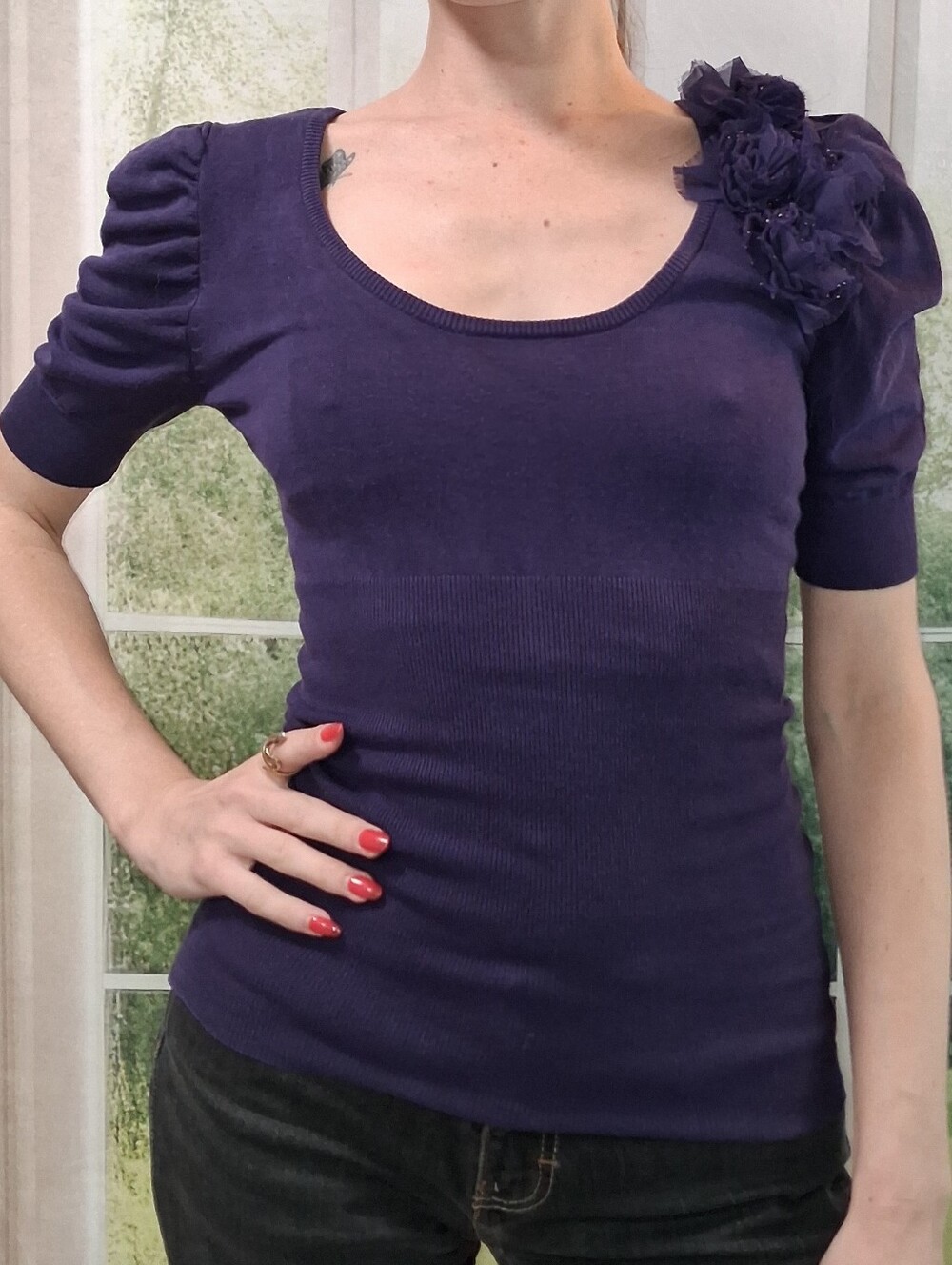 ​Vintage Y2K Bebe Purple Puff Sleeve Sweater Top with 3D Floral Rosette - Size S